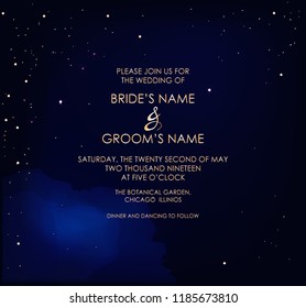 Night dark blue sky with sparkling stars vector wedding invitation. Gold glitter powder splash background. Golden scattered dust. Midnight milky way. Fairytale magic card.