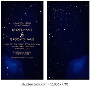 Night dark blue sky with sparkling stars vector wedding invitation. Gold glitter powder splash background. Golden scattered dust. Midnight milky way. Fairytale magic card.