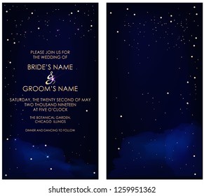 Night dark blue sky with sparkling stars vector wedding invitation. Gold glitter powder splash background. Golden scattered dust. Midnight milky way. Fairytale magic card.