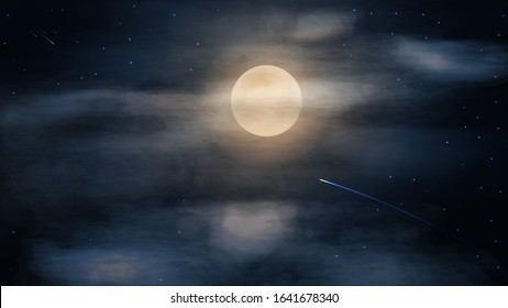 Night dark and blue starry sky with big full moon in clouds, vector photorealistic illustration