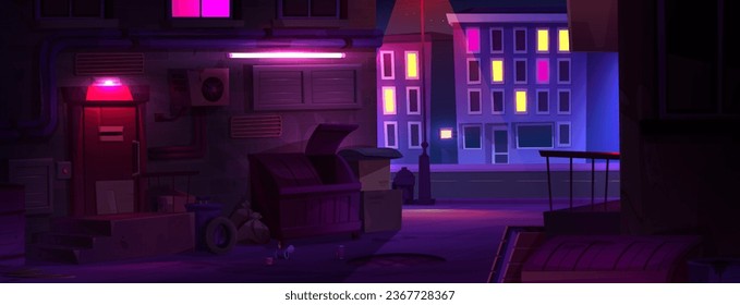 Night dark city alley street cartoon background. Urban building with cyber neon light on house wall. Back alleyway in neighborhood near road with cityscape. Colorful nyc downtown life with trash