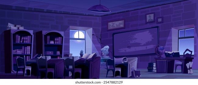 Noche oscura aula escolar vacía con estanterías de madera llenas de literatura. Mesas de estudio debajo de la lámpara colgante. Espacio de Educación con mapa del mundo y pizarra en rollos de pared de ladrillo, globo terráqueo y papel.