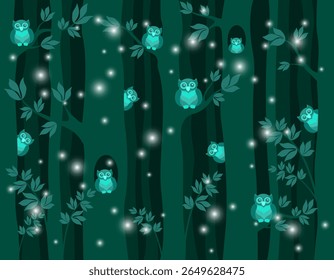 noite floresta escura com corujas bonitas sentadas em galhos de árvores e em hollows. floresta mágica com luzes misteriosas e pássaros. ilustração de vetor de desenhos animados.