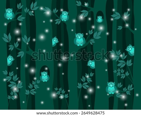night dark forest with cute owls sitting on tree branches and in hollows. magic forest with mysterious lights and birds. cartoon vector illustration.