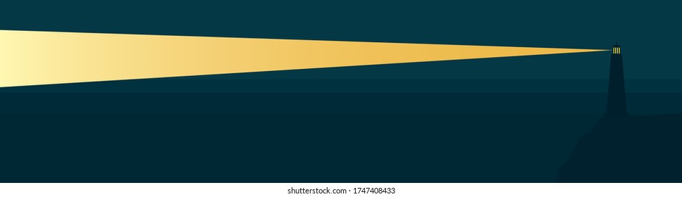 At night, in the dark, the lighthouse illuminates the waters of the sea, pointing the way for ships and vessels to the port. Vector illustration.