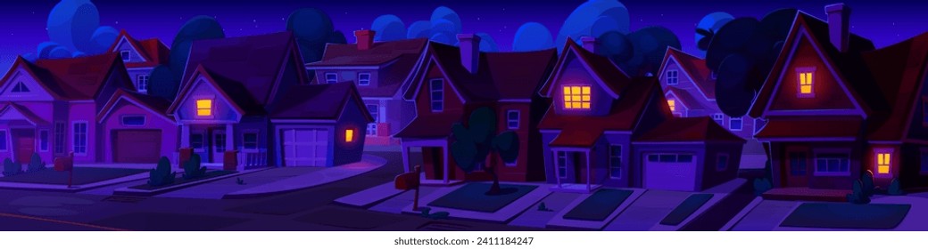 Night dark suburban landscape with house in row on street with light in windows, trees and yards, road and driveway. Cartoon vector town scenery with modern neighborhood cottages under dark sky