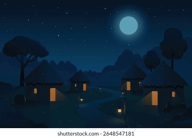 Night dark village cottages light on, full glow moon with stars farmer countryside, road, greenery vector illustration of cartoon background