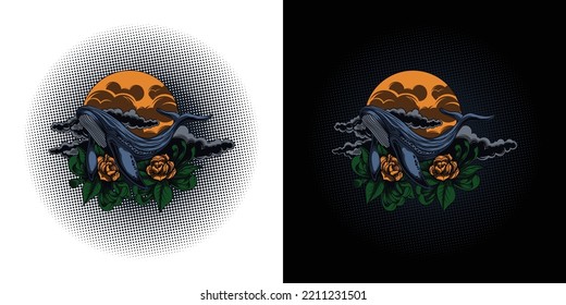 Night Dark Whale floating on the moon and clouds