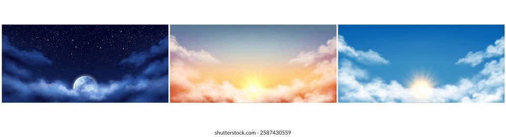 Night or dawn, day and morning cloudscape. Vector realistic sky with clouds and sun rays or moon light. Skyline of nature, sunny weather in summer. Horizon with cloudy view, natural scenery