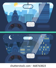 Night And Day City Life Concept. Town Street From Inside Car Interior With Wheel, Speedometer, Gps Navigator. Urban Landscape Banner With Buildings, Trees, Shop, Stores, Sky And Sun. Vector