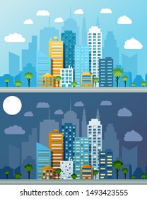 Night and day cityscapes composition with modern buildings trees road clouds and moon. Vector illustration