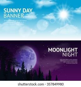 Night and day horizontal banner set with sun and moon in sky isolated vector illustration