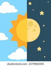 Night and day illustration for kids flashcard, opposite words learning for kindergarten, night and day background 