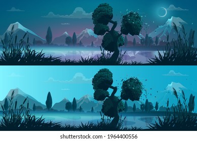 Night and day lake or river shore panorama landscape. Cartoon vector background with wind blows leaves from trees, grass and reeds on shore, mountain snowy peaks, fog above water and moon disk