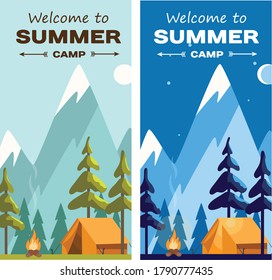 Ilustraciones de paisajes nocturnos y diurnos en estilo plano con carpa, fogata, montañas, bosque y agua. Pancartas para el campamento de verano, el turismo natural, el diseño de camping o senderismo.