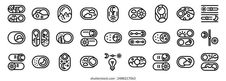 Night day mode icons set. Line icons of toggle switch buttons featuring sun and moon phases for day and night mode settings