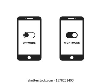 Night and day mode smartphone vector isolated icon. Technology concept. Social media concept. Day night switch. Vector icon mobile phone. Dark application.  EPS 10