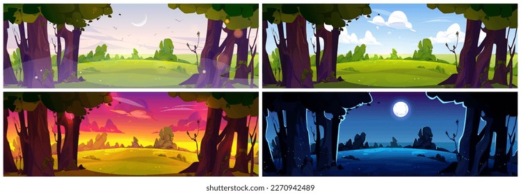 Night, day, morning and evening landscape. Summer countryside with forest, trees and fields with green grass at different time of day, vector cartoon illustrations set