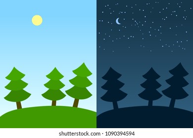 Night and day scenes: fir trees forest under sun and moon, vector