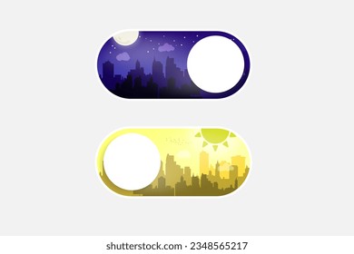 Night and Day Switch Button Concept. Daylight or evening cityscape skyline. Urban Dark or Light Mode town silhouette with sun and moon. Day and Night indicator button switch theme. AM or PM. Vector.