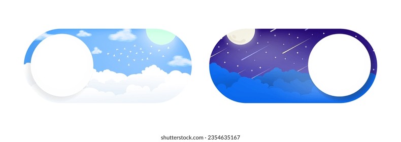 
Night and Day Switch Button Concept. AM to PM Slide Theme. Dark or Light Mode with sun and moon. Day and Night indicator. Cloudy Day Sky with flock of birds. Meteor shower in evening sky. Vector.  