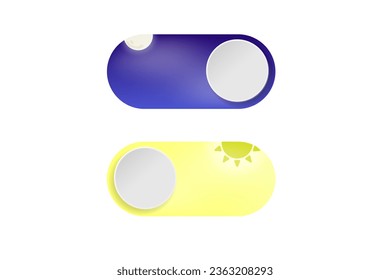 Concepto de botón de cambio de noche y día. Cielo claro diurno o nocturno.  Modo oscuro o ligero con sol y luna. Tema del interruptor del botón indicador de día y noche. AM o PM. Ilustración vectorial.