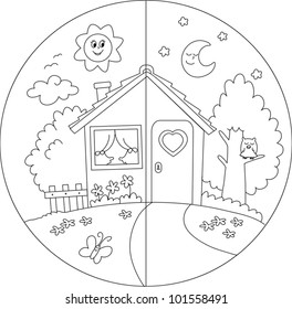 Night And Day View Of A Cartoon Country House. Coloring Vector For Children.