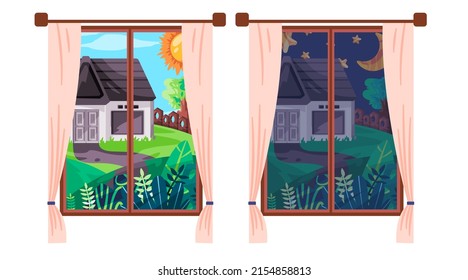 Night and day from a window sunny bright vs dark no light sky illustration