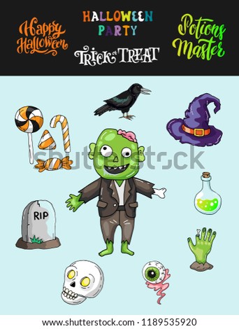 Night Of Dead Walk Halloween Theme Set Of Characters And Icons With Zombie Eye Night Of Dead Walk Halloween Theme Set Of Characters And Icons With Zombie Eye