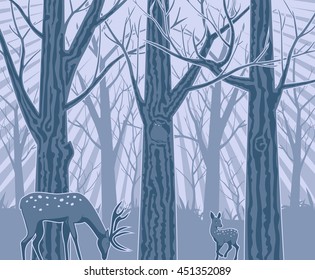 Night in the Deep Forest Vector Illustration