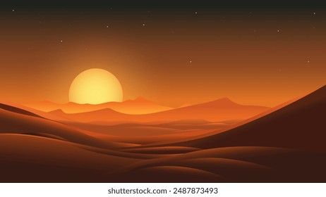 Night desert. Beautiful desert at night. Landscape of late sunset or dawn over sand dunes with an amazing starry sky. Desert vector illustration.
