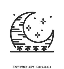 Night desert. Big month with stars and small palms, linear icon. Line with editable stroke