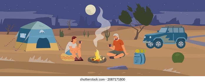 Night desert camp with tourists drinking tea near campfire flat vector panorama landscape. Couple man and woman travelling in desert by off road car. 