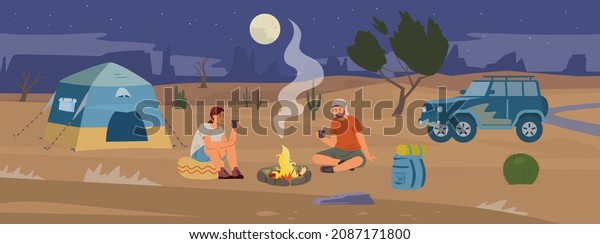 Night desert camp with tourists drinking\
tea near campfire flat vector panorama landscape. Couple man and\
woman travelling in desert by off road car.\

