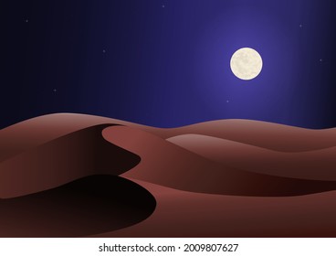 Night desert with dunes, moon and stars.