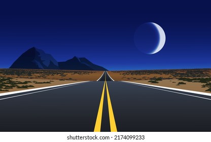 Night in desert with highway, mountain and moon