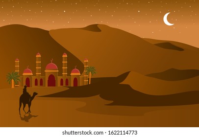 Night Desert Islamic Mosque Date Palm Tree Arabian Landscape Illustration