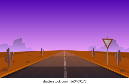 Night desert landscape with asphalt road, cartoon vector illustration.