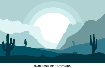 Night desert landscape background. Desert area with sand, mountains and cactuses for landing page.