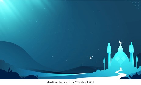 Night desert landscape  background with mosque and bright moonlight. Ramadan banner concept