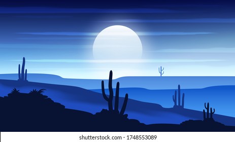 Night desert landscape with bright full moon in the sky. Vector background. 