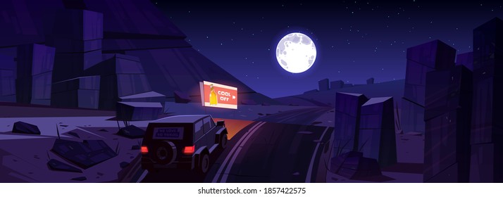 Night Desert Landscape With Car On Road, Billboard And Moon In Sky. Vector Cartoon Illustration Of Sand Desert With SUV Driving On Highway, Advertising Banner With Beer Bottle And Mountains