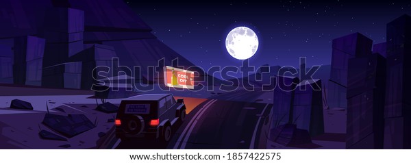 Night desert landscape with car on road,\
billboard and moon in sky. Vector cartoon illustration of sand\
desert with SUV driving on highway, advertising banner with beer\
bottle and mountains