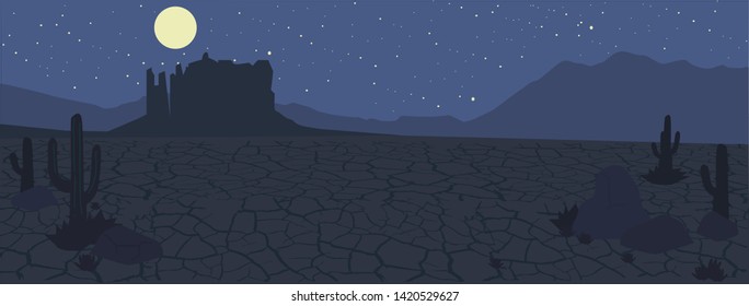 Night Desert Landscape with Full Moon and Cactus (Eveninig Version) in Flat Design Vector Illustration.