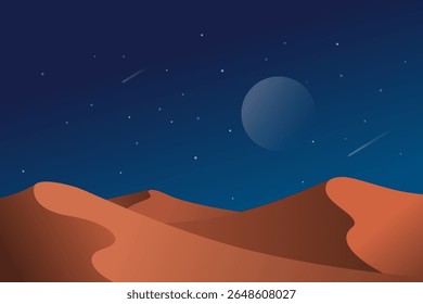 Night desert landscape with full moon and starry sky
