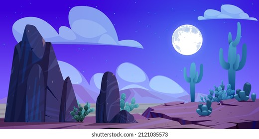 Night desert landscape, Mexican natural background with cacti, rocks and dry deserted land under starry sky with full moon glow. Twilight, picturesque nature parallax scene Cartoon vector illustration
