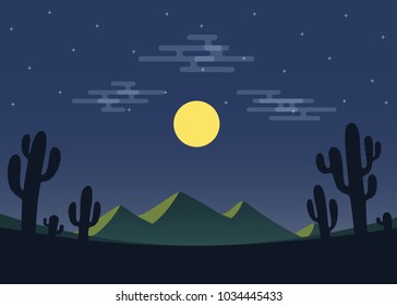 Night desert landscape with mountain and cactus. Vector illustration