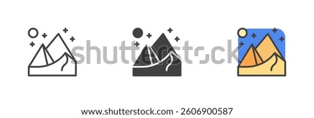 Night desert landscape with mountains, moon and stars different style icon set. Line, glyph and filled outline colorful version, outline and filled vector sign. Symbol, logo illustration