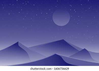 Night desert landscape with phantom blue palette. Vector, illustration. 