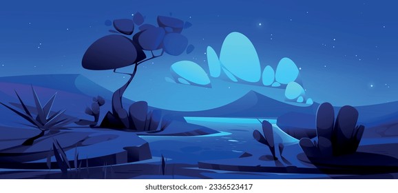 Night desert landscape with river flowing in valley. Vector cartoon illustration of natural scenery with exotic cacti, sandy dunes, stars and clouds in dark sky, moonlight reflection on water surface